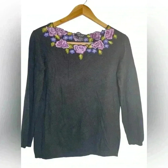 Karen Kane Vintage Silk Cashmere Embroidered Floral Pullover Sweater Large - Picture 3 of 9